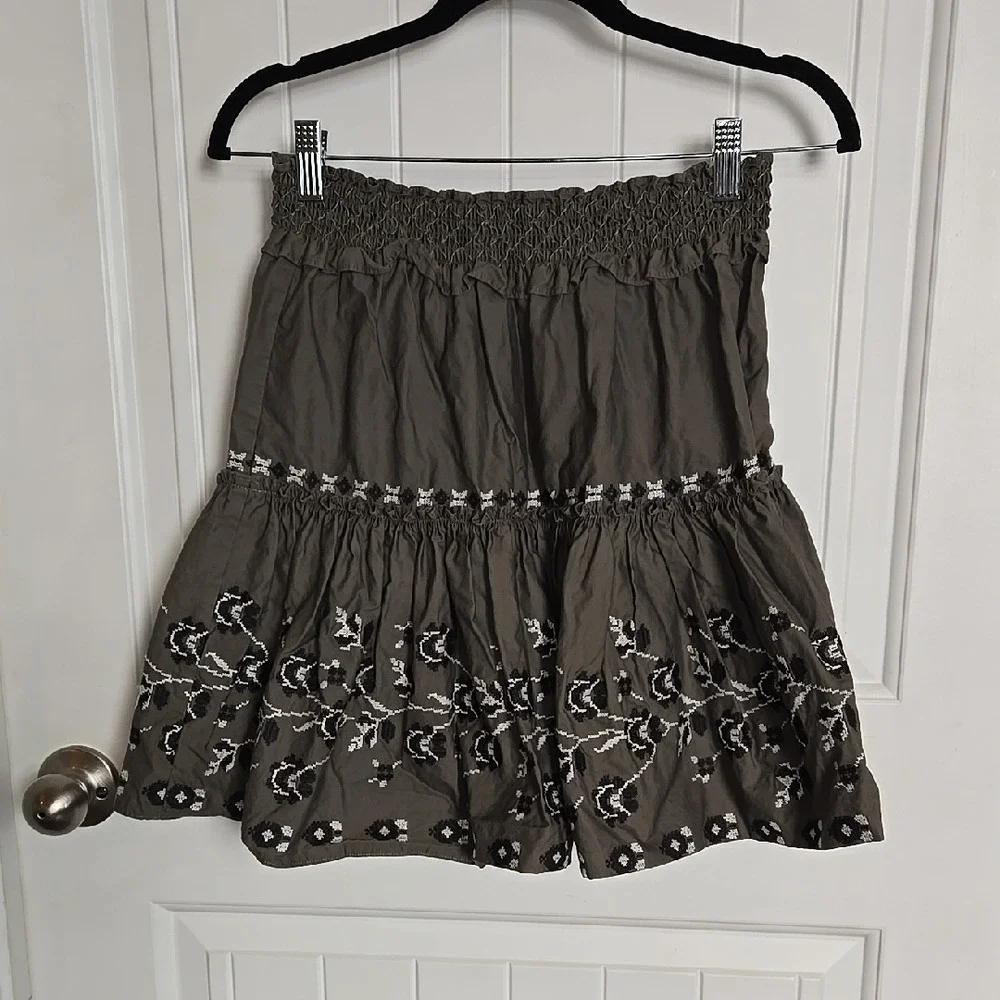 Kate Spade Broome‎ Street Olive Embroidered Smocked Waist Skirt Boho Cottagecore